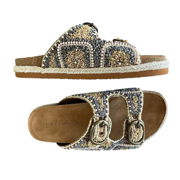 NEW HOUSE OF HARLOW 1960 Women's Size 8.5 Beaded Buckle Flat Slides Boho Sandals - Picture 2 of 11